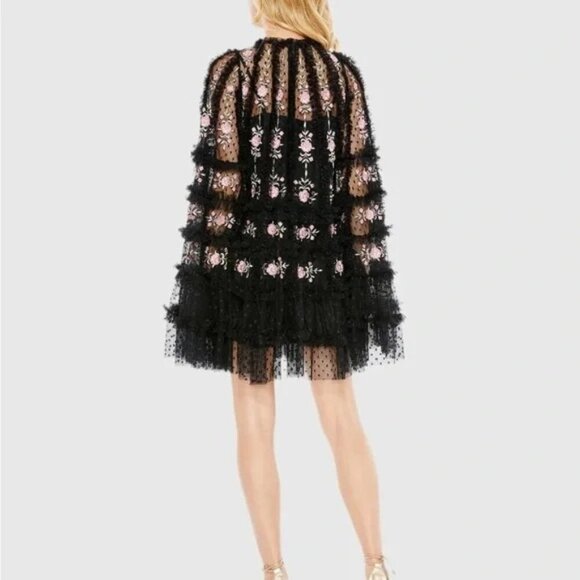 NWT Mac Duggal 8031 Black Embroidered Long Flare Sleeve A-Line Mini Dress Size 4 - Picture 3 of 7